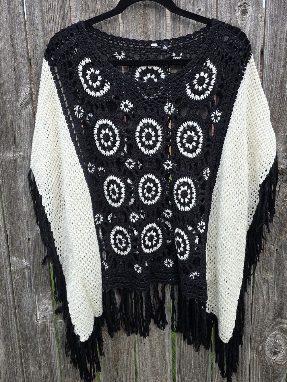 Black & White Crochet Fringe Women’s Sweater Poncho